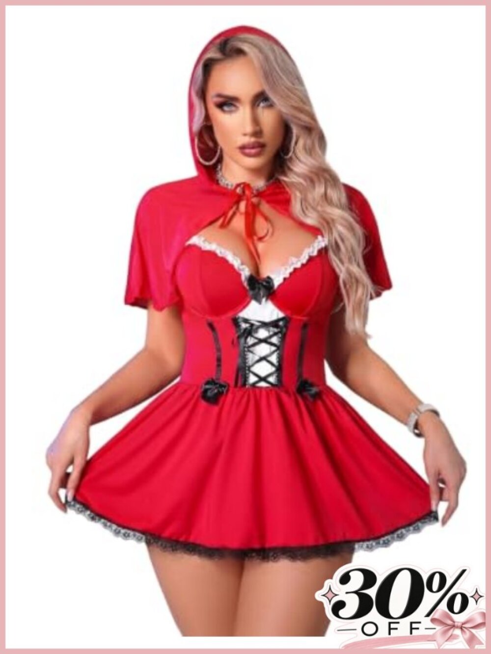 Sexy Red Riding Hood Costume Mini Dress Hooded Cape Corset Halloween